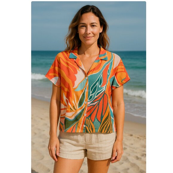 Vitamin A Retro Jungle Linen Blend Button Up Tropical Shirt Orange & Green SZ Sm - Picture 1 of 8